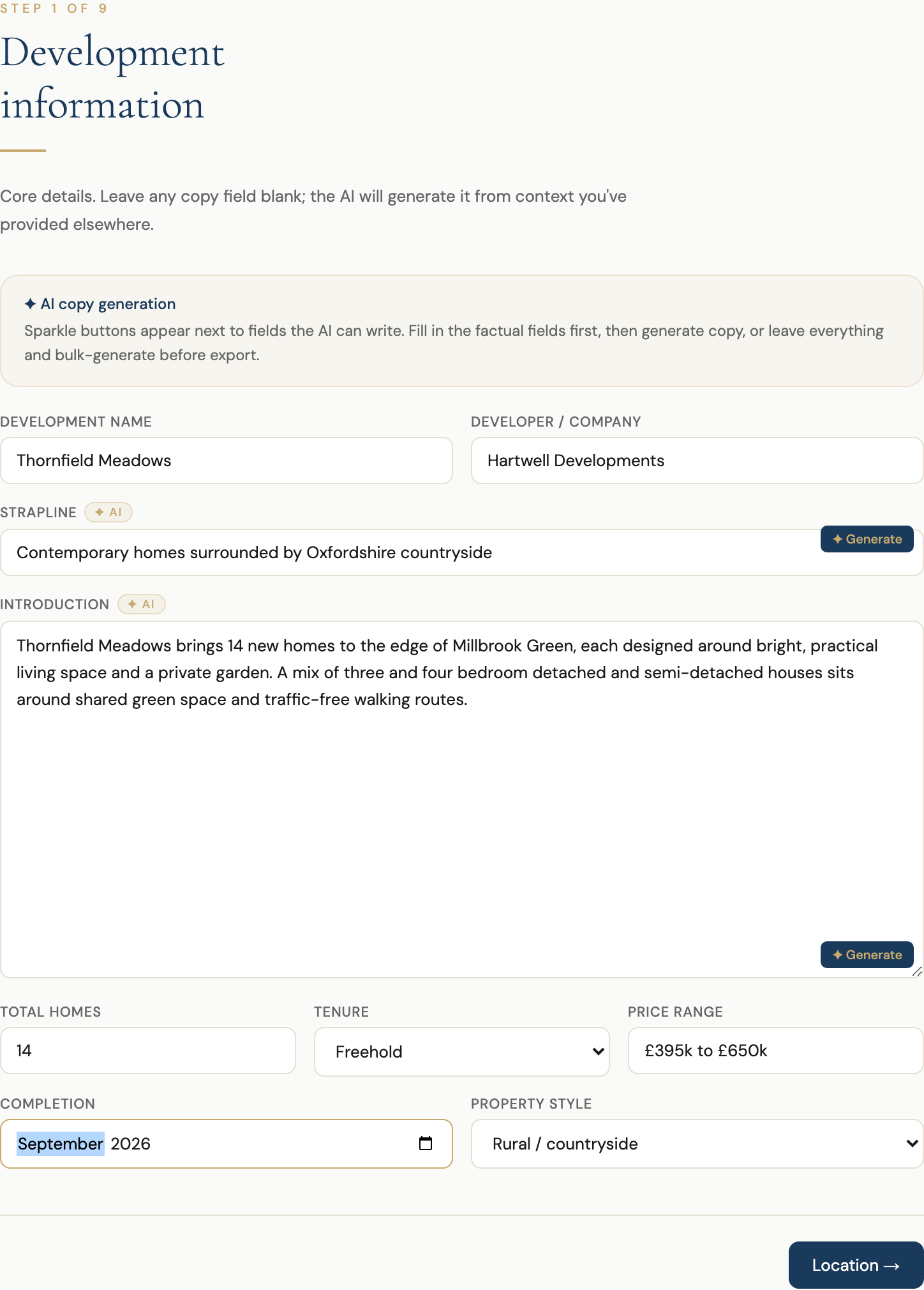 Step 1, Development information, filled in for a fictional demo development