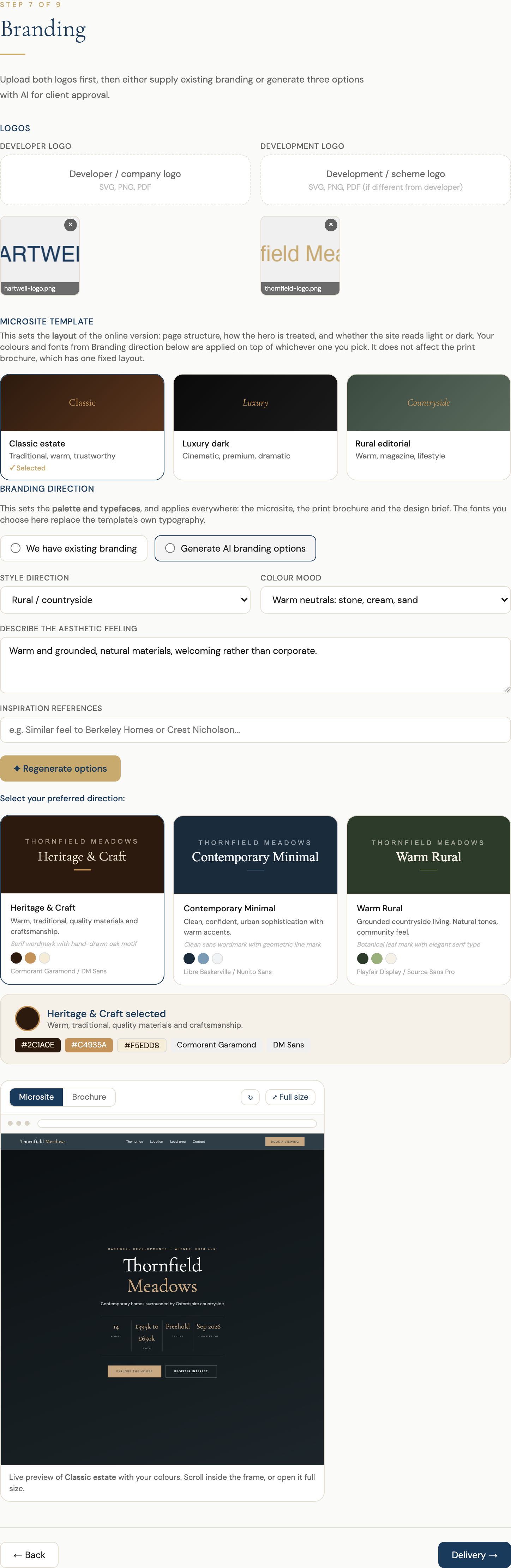 Step 7, Branding, showing both logos, the microsite template picker, three generated branding directions and the live preview panel
