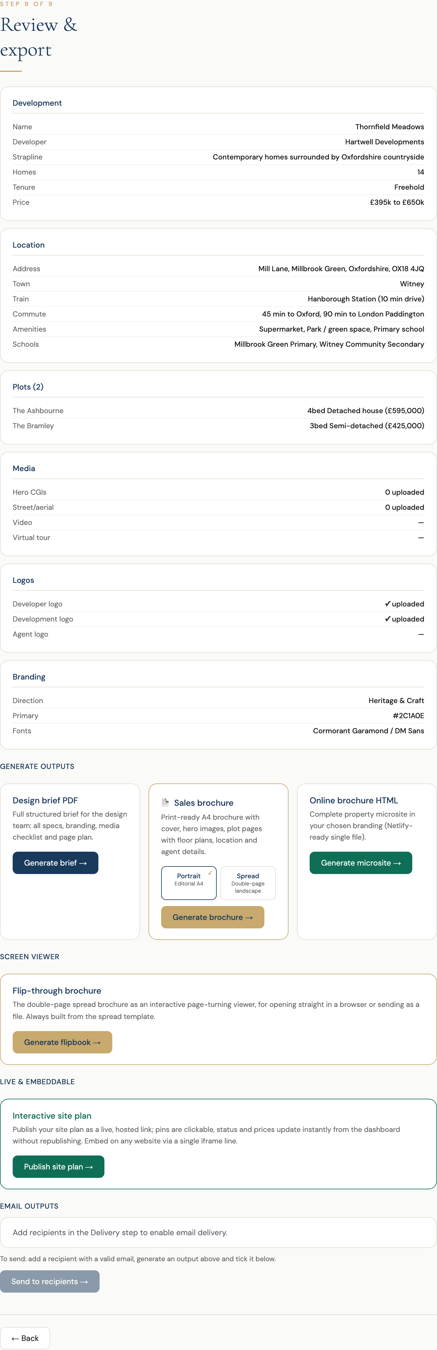 Step 9, Review and export, with the summary and all five output cards
